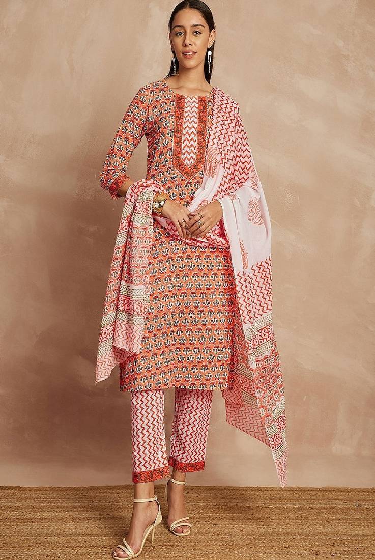 Orange color ethnic motifs printed pure cotton straight kurta & trousers with dupatta