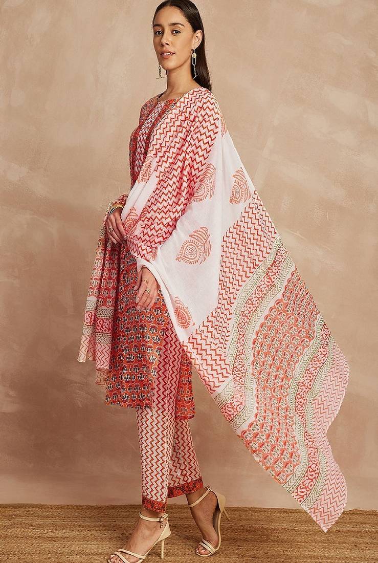 Orange color ethnic motifs printed pure cotton straight kurta & trousers with dupatta