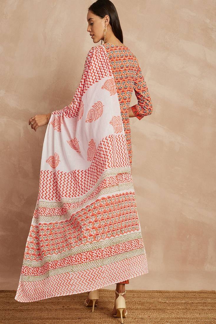Orange color ethnic motifs printed pure cotton straight kurta & trousers with dupatta