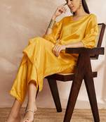 Yellow color v-neck three-quarter sleeves puffed sleeves a-line kurta with trousers