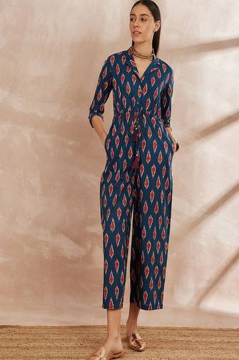 Blue color printed cotton basic jumpsuit