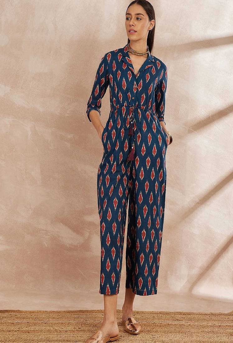 Blue color printed cotton basic jumpsuit