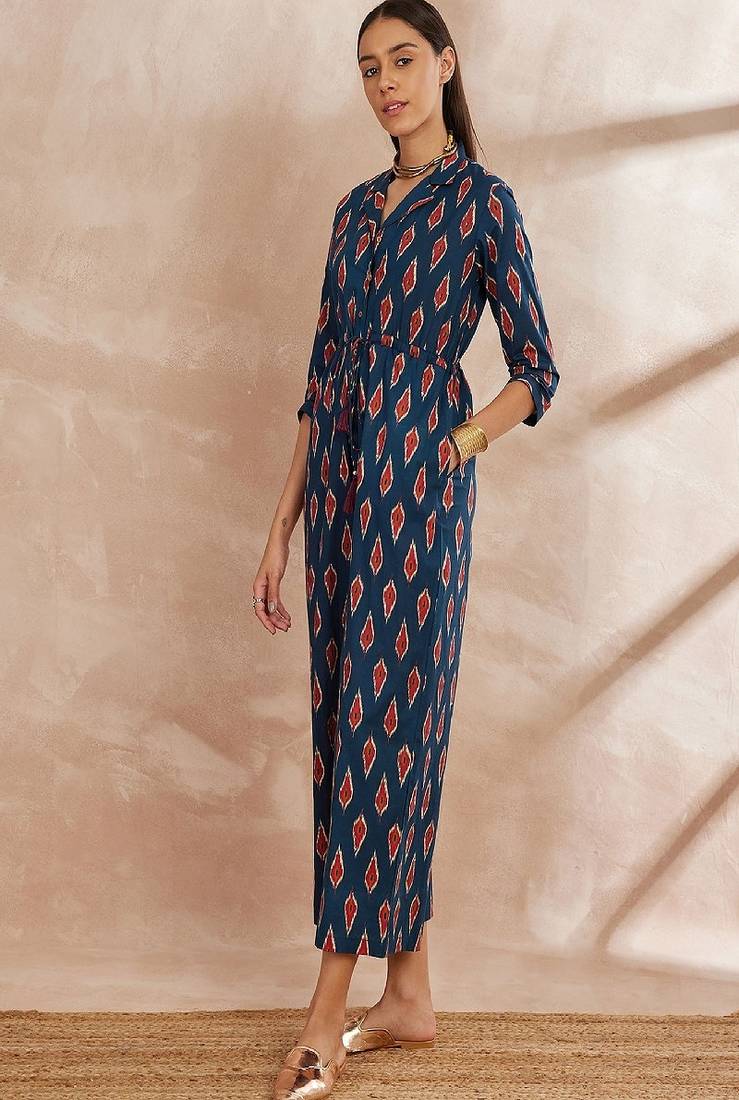 Blue color printed cotton basic jumpsuit