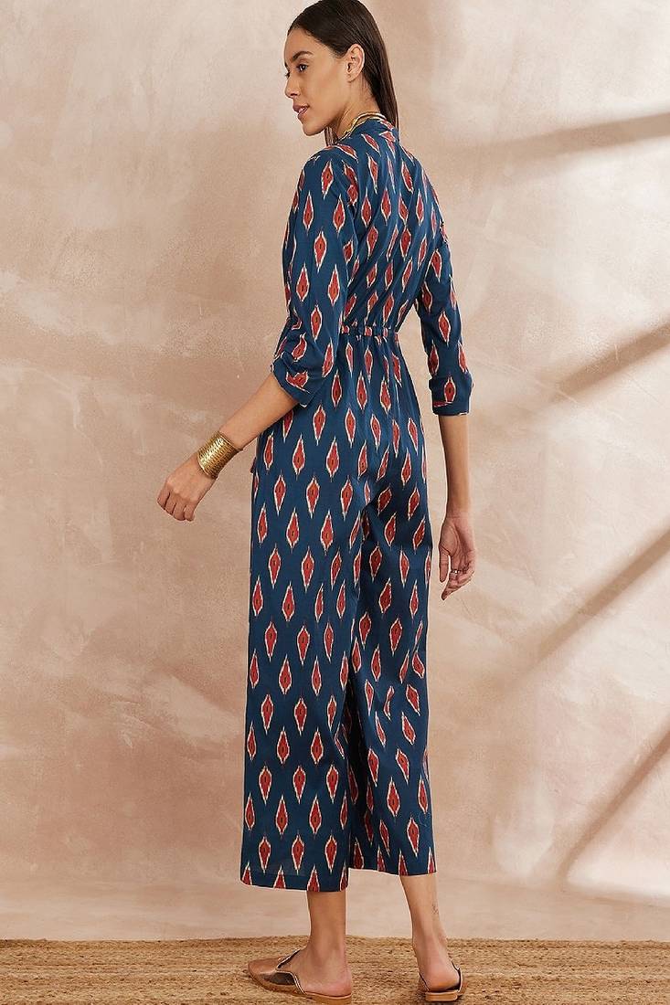 Blue color printed cotton basic jumpsuit