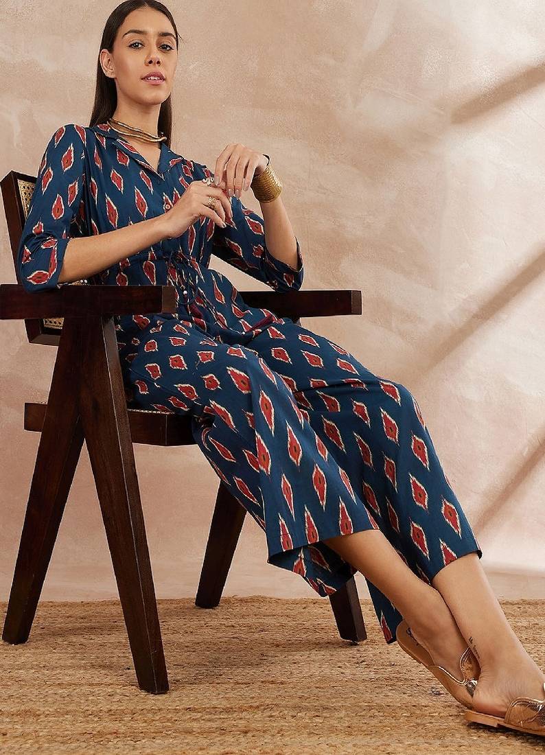 Blue color printed cotton basic jumpsuit