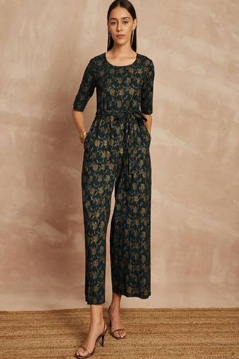 Black color floral printed waist tie-ups basic jumpsuit
