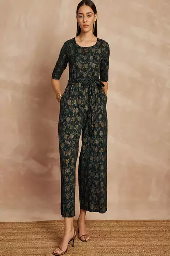 Black color floral printed waist tie-ups basic jumpsuit