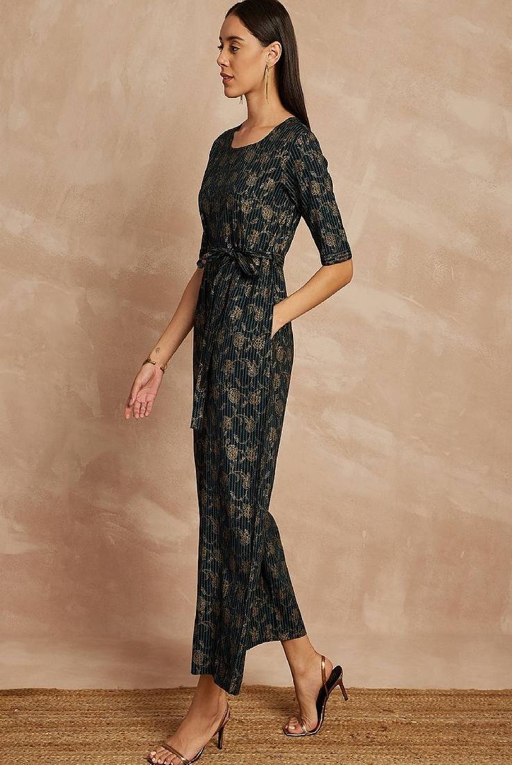 Black color floral printed waist tie-ups basic jumpsuit