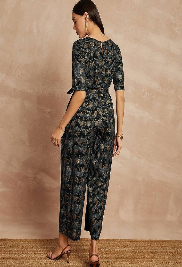 Black color floral printed waist tie-ups basic jumpsuit