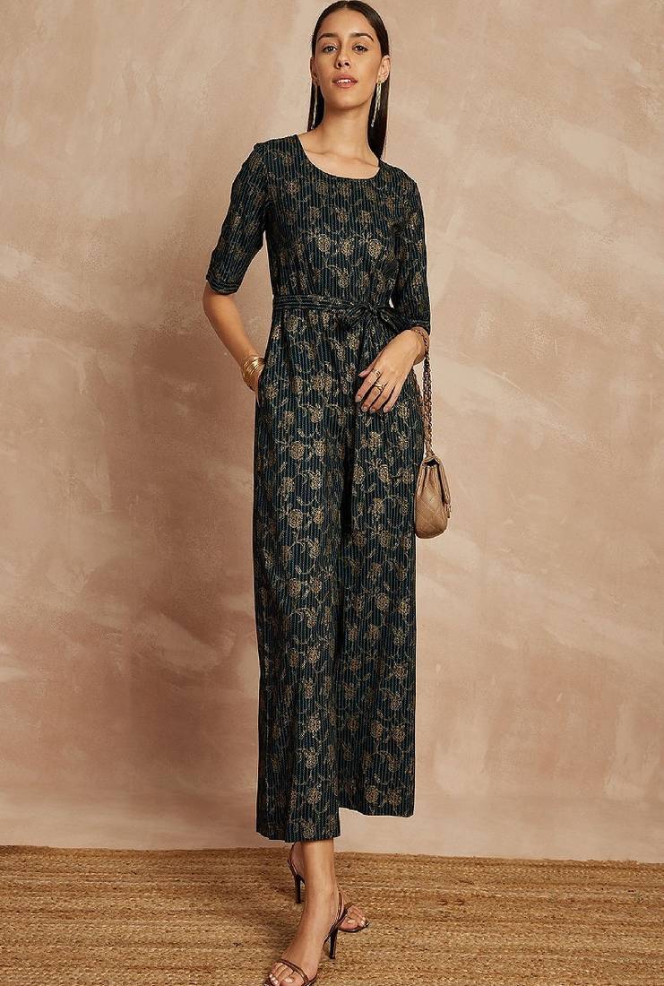 Black color floral printed waist tie-ups basic jumpsuit