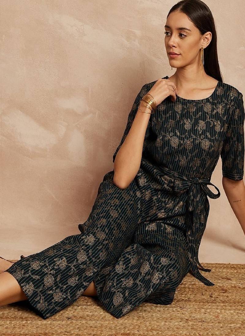 Black color floral printed waist tie-ups basic jumpsuit