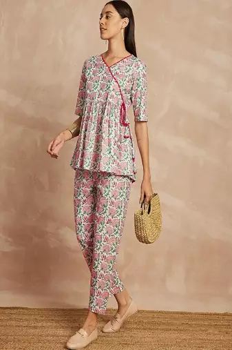 Multicolor color floral printed angrakha pure cotton kurti with trousers