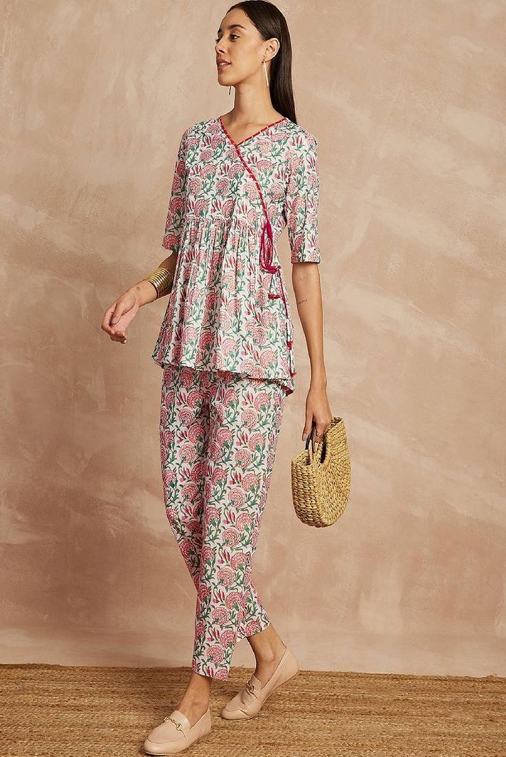 Multicolor color floral printed angrakha pure cotton kurti with trousers
