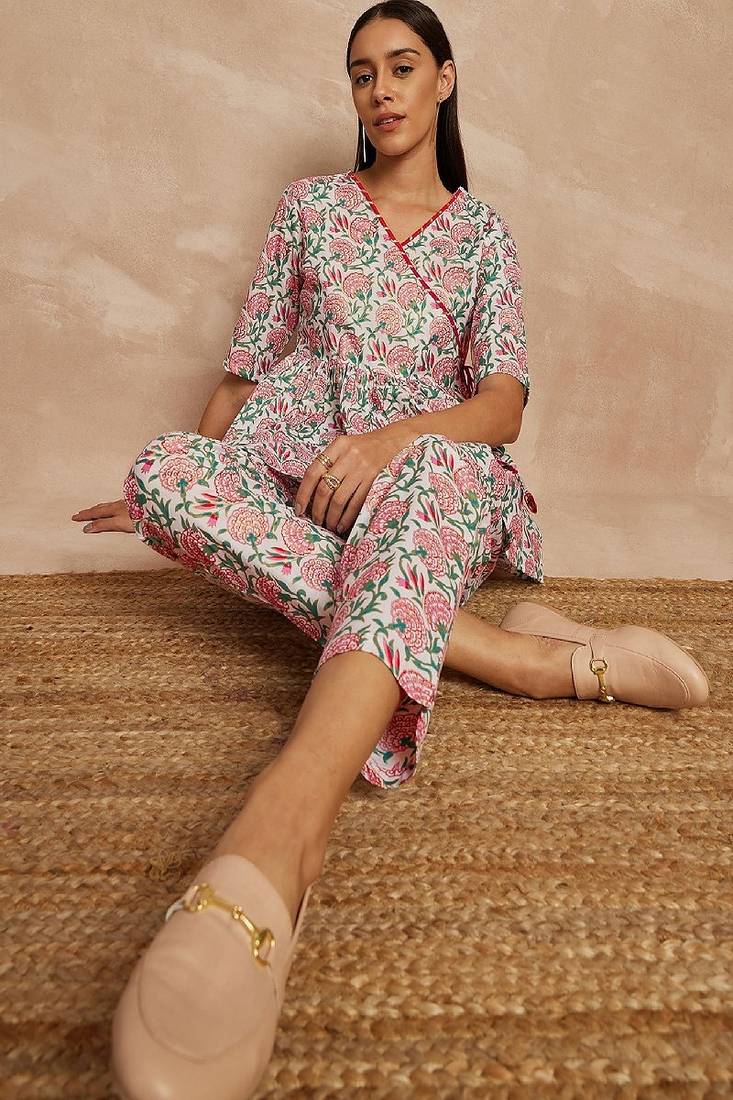 Multicolor color floral printed angrakha pure cotton kurti with trousers