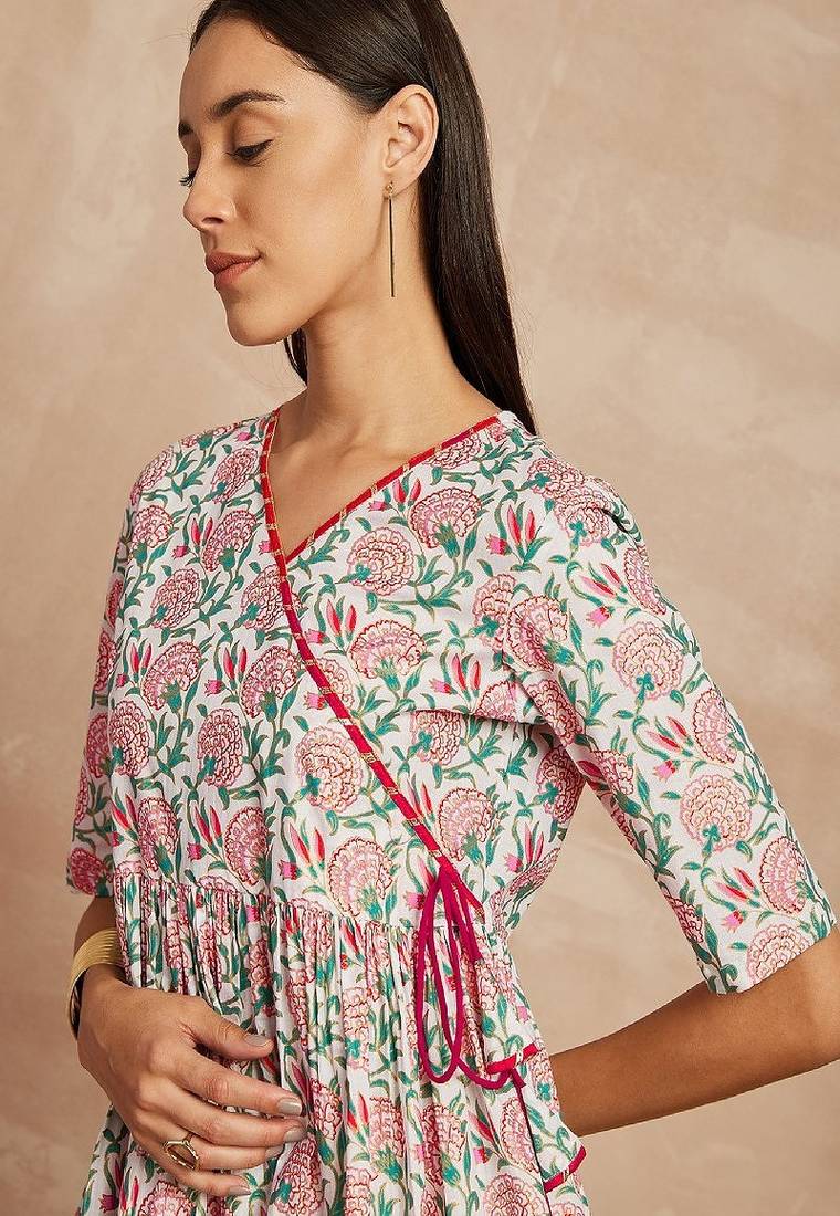 Multicolor color floral printed angrakha pure cotton kurti with trousers