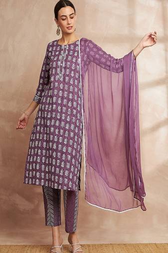 Purple color ethnic motifs printed regular pure cotton kurta with trousers & with dupatta