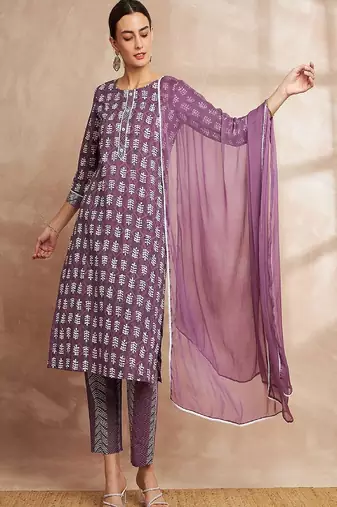 Purple color ethnic motifs printed regular pure cotton kurta with trousers & with dupatta