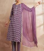 Purple color ethnic motifs printed regular pure cotton kurta with trousers & with dupatta