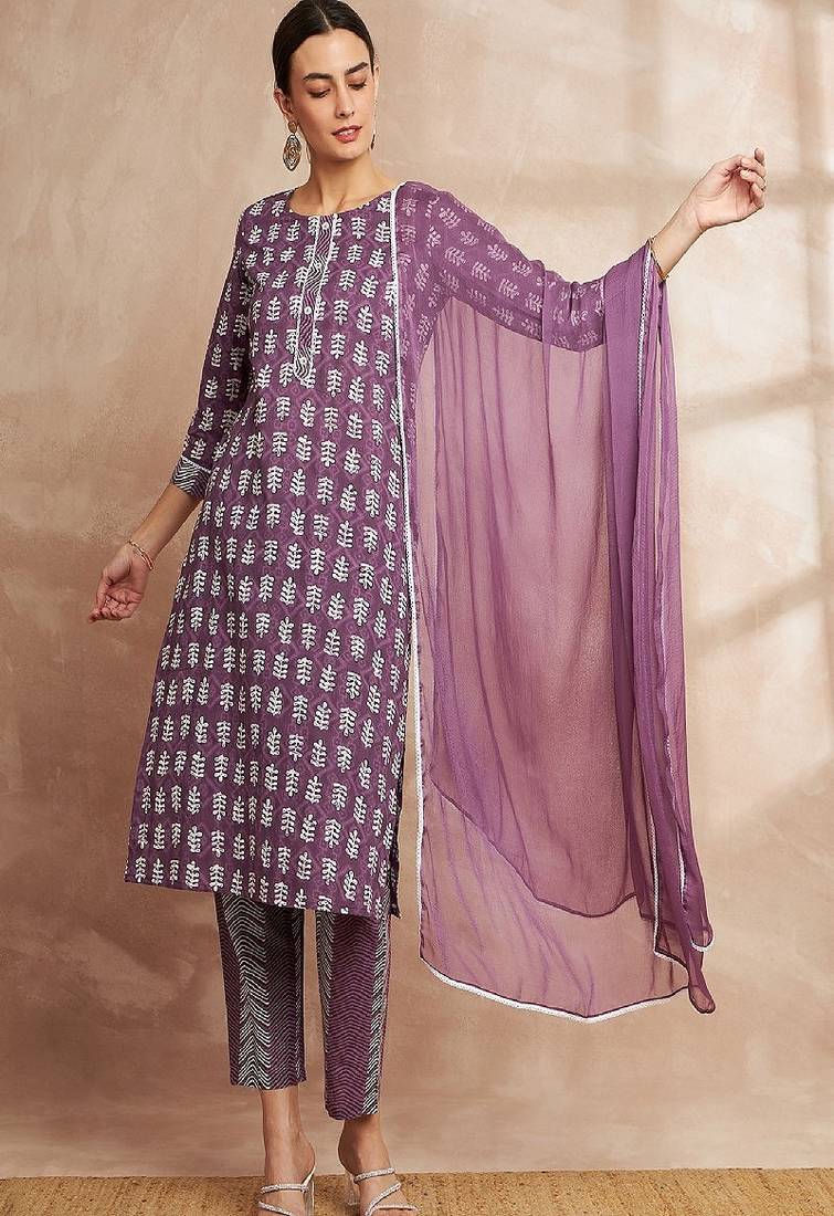 Purple color ethnic motifs printed regular pure cotton kurta with trousers & with dupatta