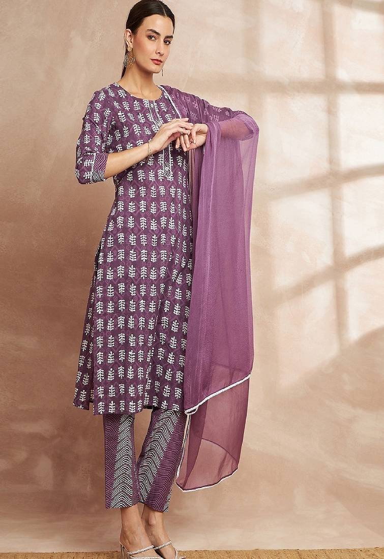 Purple color ethnic motifs printed regular pure cotton kurta with trousers & with dupatta