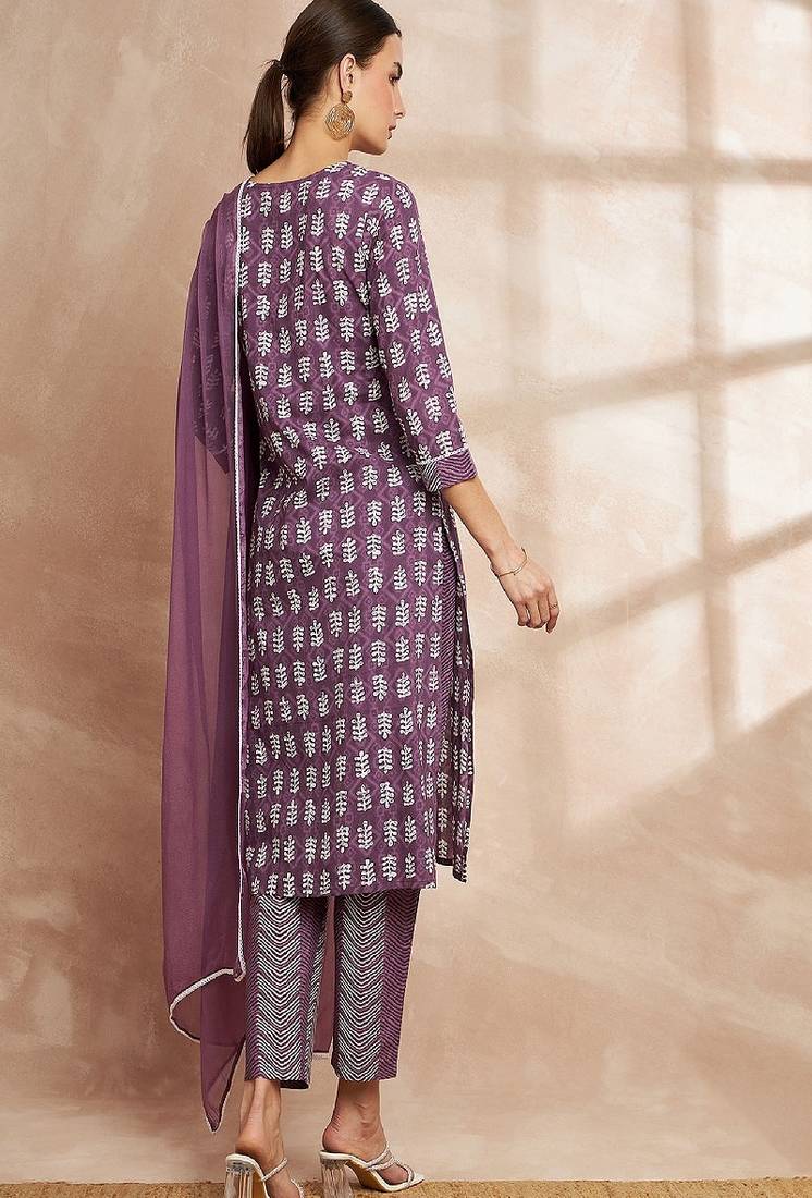 Purple color ethnic motifs printed regular pure cotton kurta with trousers & with dupatta