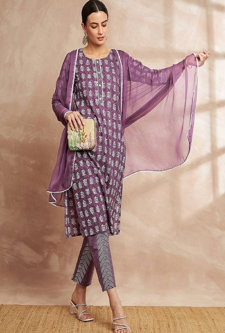 Purple color ethnic motifs printed regular pure cotton kurta with trousers & with dupatta