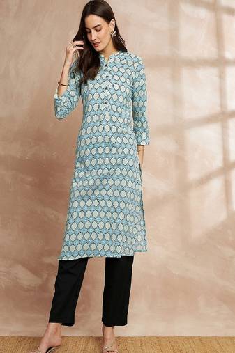 Blue color ethnic motifs printed straight pure cotton kurta