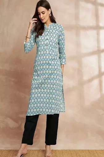 Blue color ethnic motifs printed straight pure cotton kurta