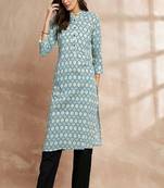 Blue color ethnic motifs printed straight pure cotton kurta
