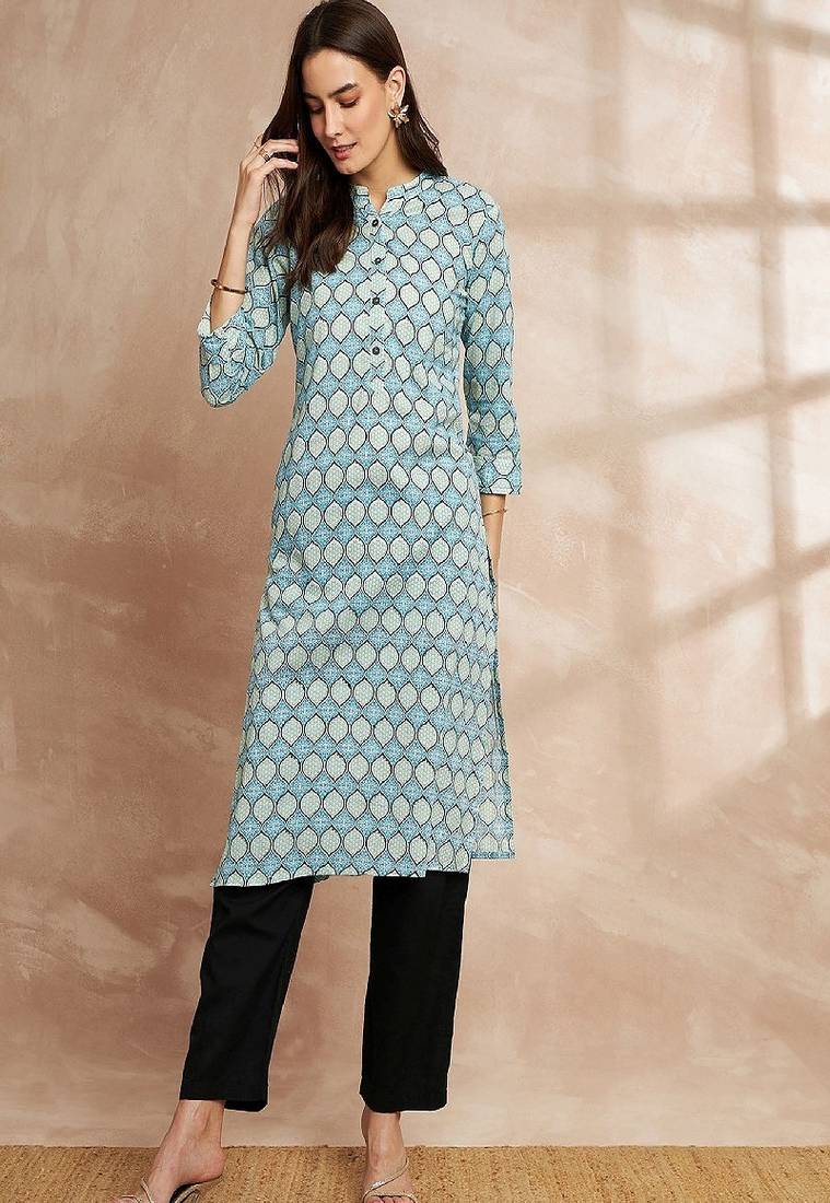 Blue color ethnic motifs printed straight pure cotton kurta