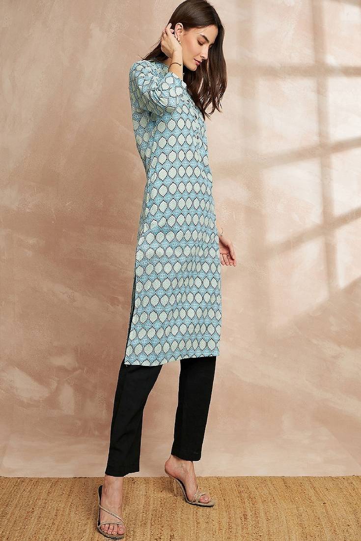 Blue color ethnic motifs printed straight pure cotton kurta