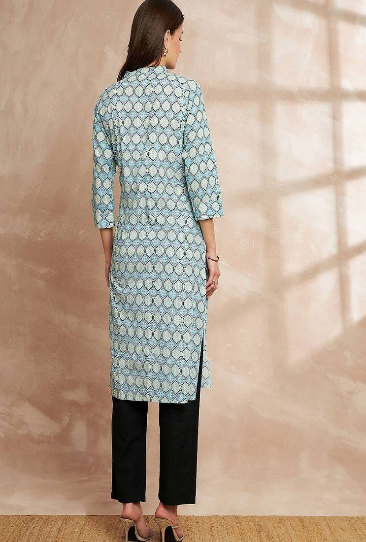 Blue color ethnic motifs printed straight pure cotton kurta