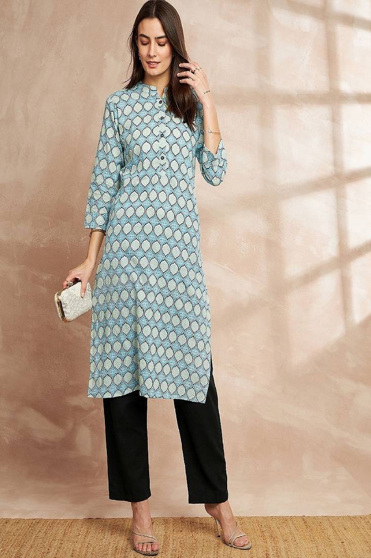 Blue color ethnic motifs printed straight pure cotton kurta