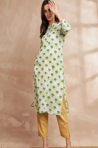 Green color floral printed straight pure cotton kurta