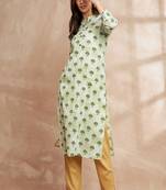 Green color floral printed straight pure cotton kurta