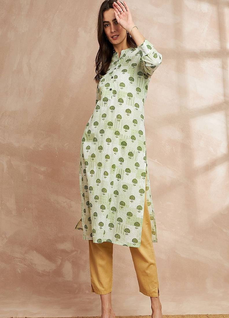 Green color floral printed straight pure cotton kurta