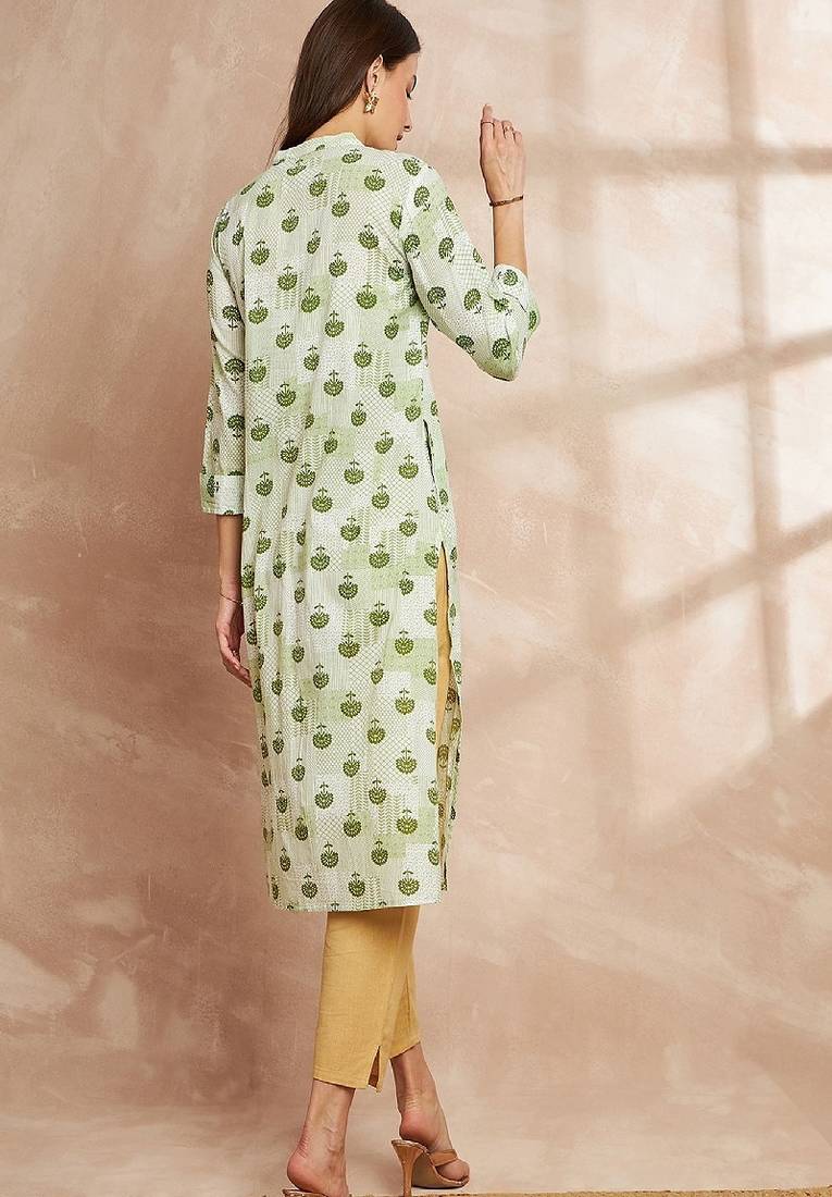 Green color floral printed straight pure cotton kurta