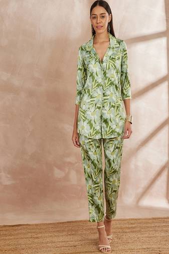 Green color floral printed top with trousers