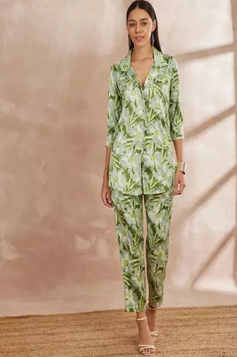 Green color floral printed top with trousers