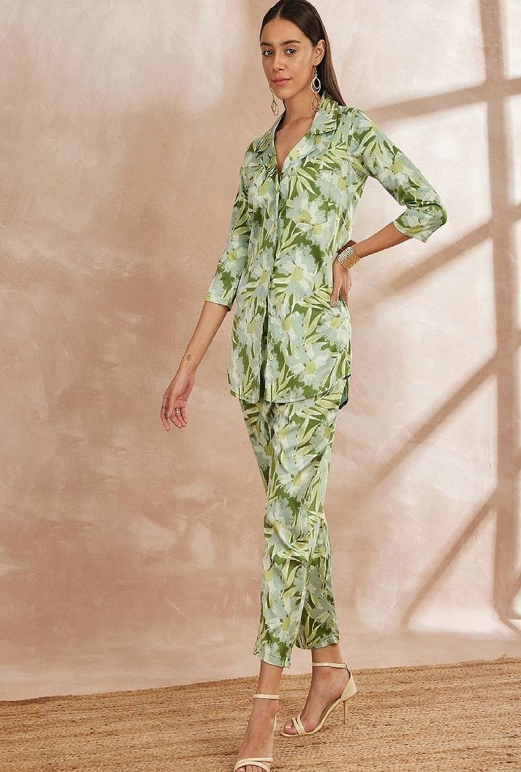 Green color floral printed top with trousers