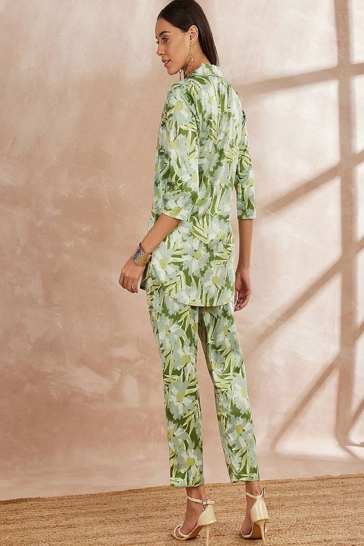 Green color floral printed top with trousers