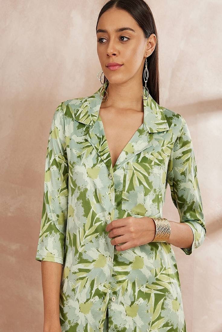 Green color floral printed top with trousers