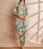 Green color floral printed v-neck satin tunic with trouser