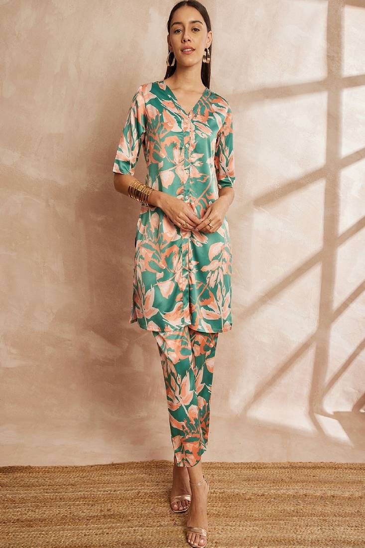 Green color floral printed v-neck satin tunic with trouser