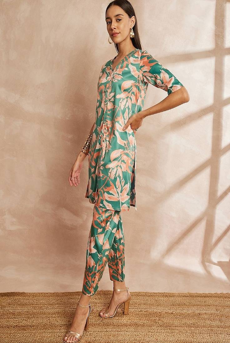 Green color floral printed v-neck satin tunic with trouser