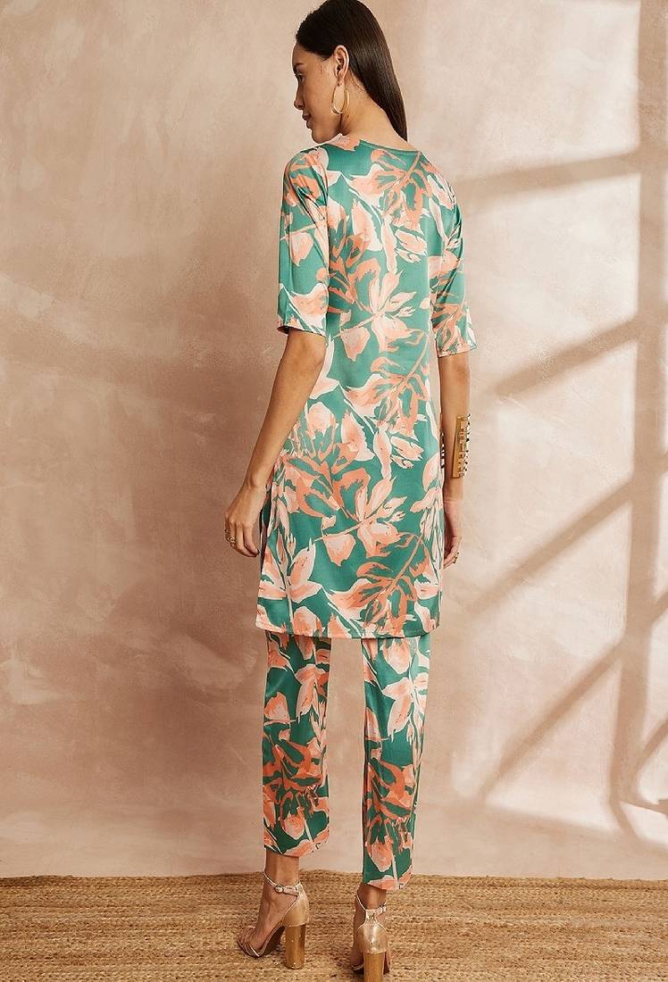 Green color floral printed v-neck satin tunic with trouser