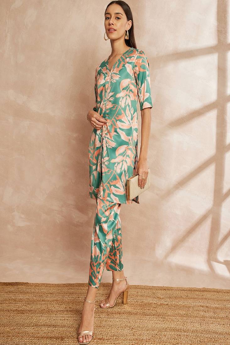 Green color floral printed v-neck satin tunic with trouser