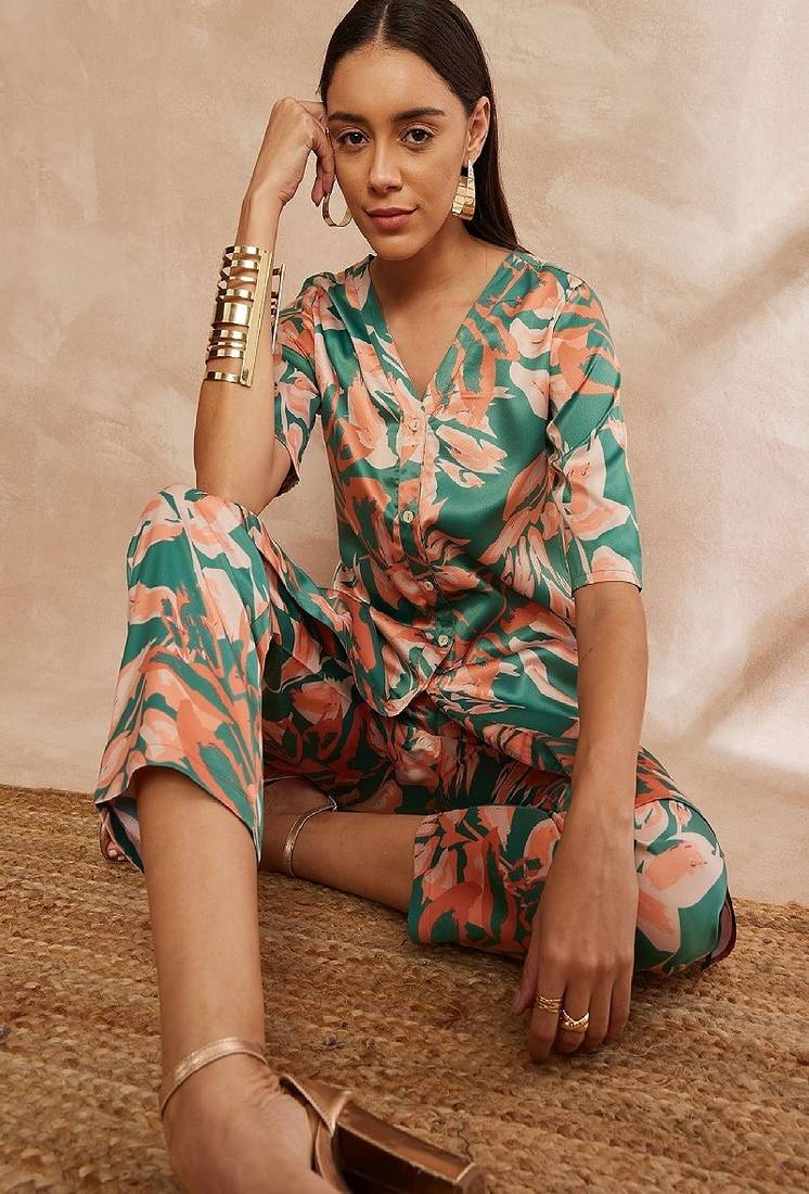Green color floral printed v-neck satin tunic with trouser