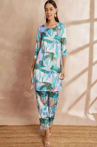 Multicolor color floral printed satin tunic with trouser