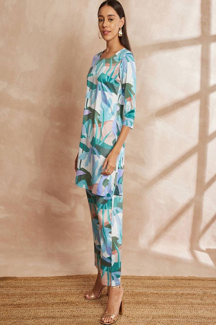 Multicolor color floral printed satin tunic with trouser